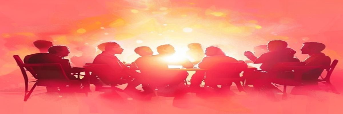 男同网站加入社区号召背景图，温暖玫红渐变光晕，多位用户欢聚一堂的剪影，传递归属感与喜悦氛围